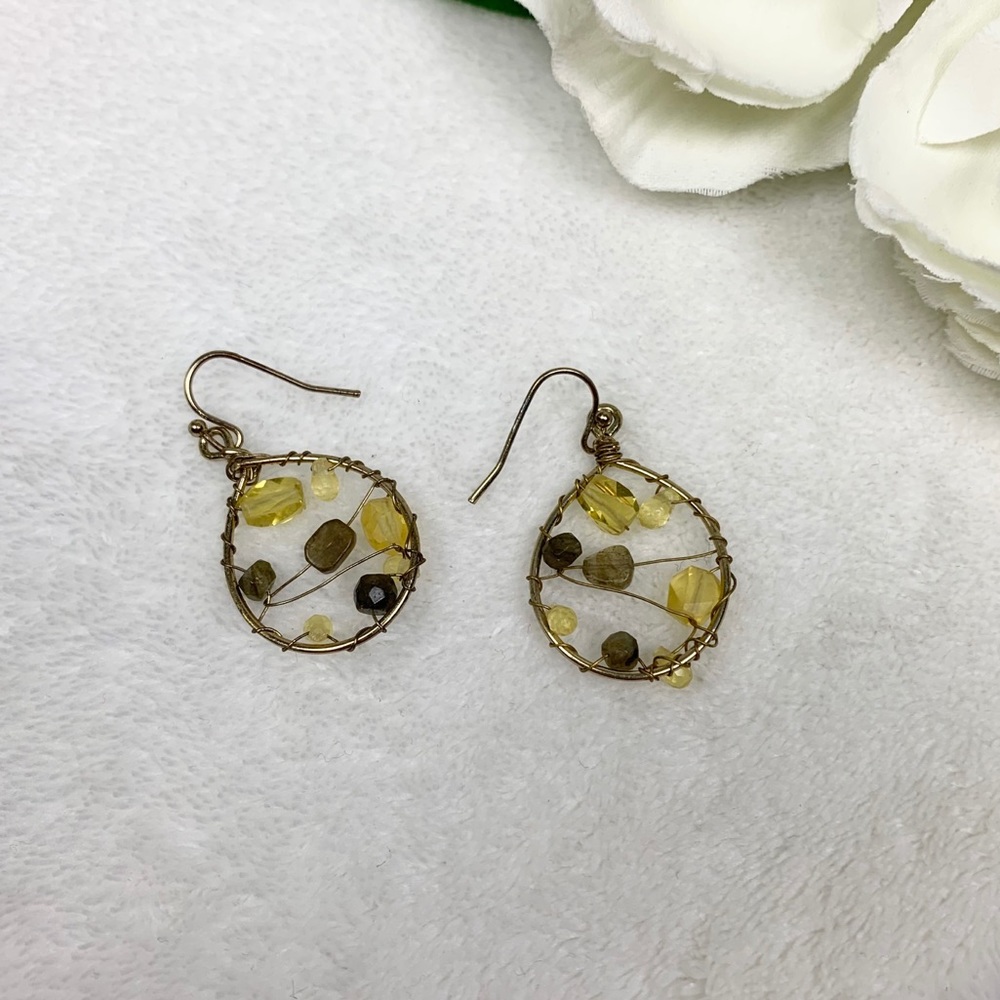 Boho Yellow Stone Gold Wire Web Dangle Earrings
